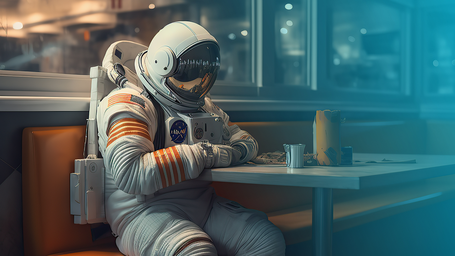 Astronaut zit aan tafel in restaurant