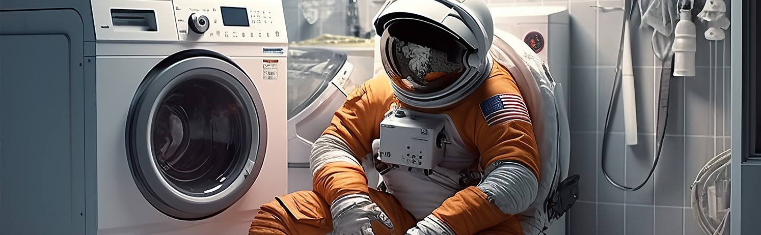 Astronaut zittend naast de wasmachine