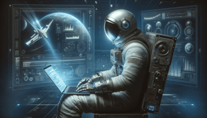 DALL·E 2024-01-31 21.04.04 - Create an image in a 4_3 landscape format, depicting an astronaut sitting behind a laptop in a Futuristic Corporate Sci-Fi style. The astronaut, dre