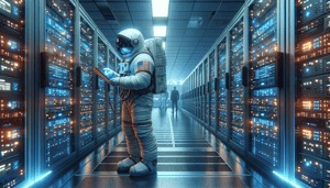 DALL·E 2024-01-31 21.06.22 - Create an image in a 4_3 landscape format, showcasing an astronaut testing a data center in the Futuristic Corporate Sci-Fi style. Visualize a scene