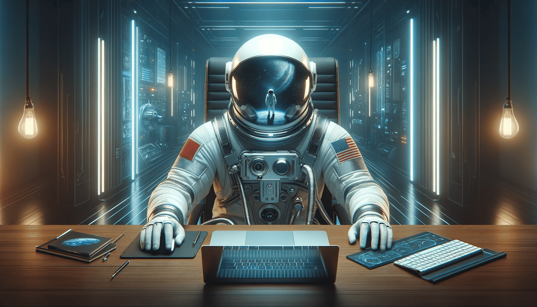 DALL·E 2024-01-31 21.13.01 - Create an image in a 4_3 landscape format, featuring an astronaut sitting behind a laptop and facing towards the viewer, in the Futuristic Corporate 
