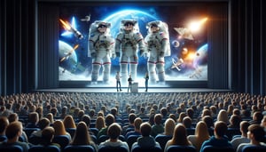 DALL·E 2024-02-12 11.47.54 - Imagine two astronauts, fully suited in their space gear, standing confidently in front of a large audience, giving an engaging presentation. The wide