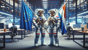 DALL·E 2024-02-12 12.00.51 - Visualize two astronauts, fully suited in their space gear, in a moment of partnership celebration within a modern office environment, each holding a 