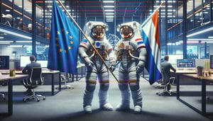 DALL·E 2024-02-12 12.00.51 - Visualize two astronauts, fully suited in their space gear, in a moment of partnership celebration within a modern office environment, each holding a