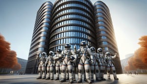 DALL·E 2024-02-12 12.13.48 - Create an image of a team of astronauts in full space suits, each in a different dynamic pose, standing closer to the foreground in front of an office