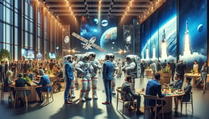 DALL·E 2024-02-12 13.43.40 - Create an alternative version of the previous image, showing a group of astronauts in full space suits at a different business event. The new scene ta