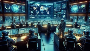 DALL·E 2024-02-23 19.01.00 - In a futuristic control room, a team of astronauts is intently monitoring the global internet network. The room is filled with state-of-the-art equipm