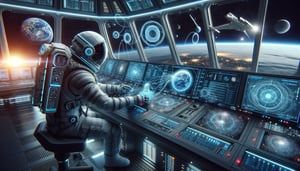 DALL·E 2024-02-26 16.07.59 - A futuristic scene where an astronaut, equipped with a high-tech helmet and a sleek space suit, is acting as a network engineer in a vast control room