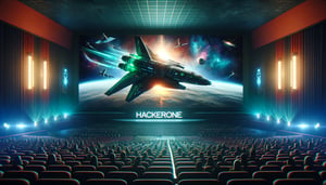 DALL·E 2024-03-21 10.19.09 - Design a HackerOne spaceship presented on a grand cinema screen, in a large movie theater filled with an audience. The style should be cinematic and d
