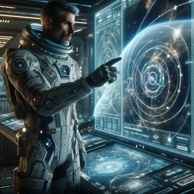 DALL·E 2024-04-09 14.13.47 - An astronaut stands in a futuristic command center, surrounded by holographic displays showing various star maps and celestial data. The astronaut, we