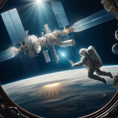 DALL·E 2024-04-09 14.15.28 - The scene is set in the vacuum of space near an orbiting space station. An astronaut, engaged in a seamless deployment, floats gracefully outside the 