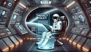 DALL·E 2024-07-11 14.34.29 - An astronaut in a spacesuit reading a privacy policy document inside a futuristic spaceship. The spaceship has a high-tech interior with large windows
