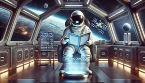DALL·E 2024-07-11 14.39.54 - An astronaut in a spacesuit reading a terms and conditions document inside a futuristic spaceship. The spaceship has a high-tech interior with large w