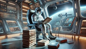 DALL·E 2024-07-11 14.47.16 - An astronaut in a spacesuit reading a stack of publications inside a futuristic spaceship. The spaceship has a high-tech interior with large windows s-1