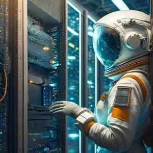 Firefly astronaut working on big servers in a office 82174