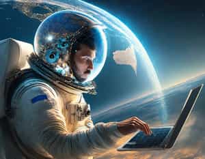 Firefly make a 3d astronaut working on a internet connection with the world planet earth; concept of