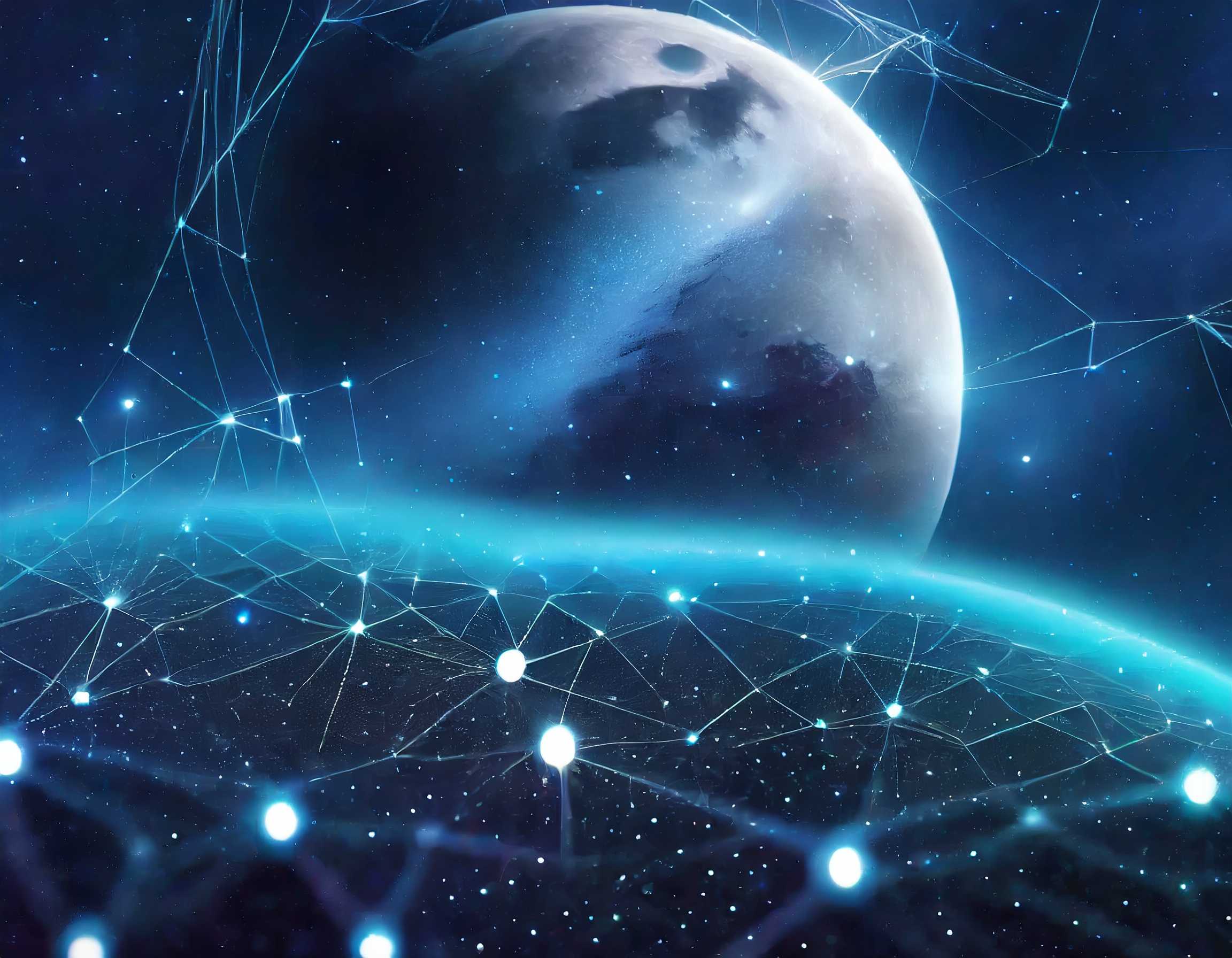 Firefly network in a galaxy, stars and moon in view, photo-realistic, octane rendering 41701